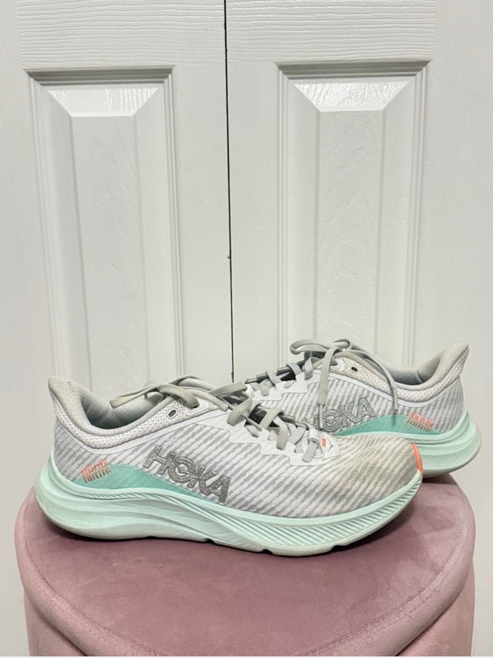 Hoka Women's Light Gray and Mint Performance Running Shoes